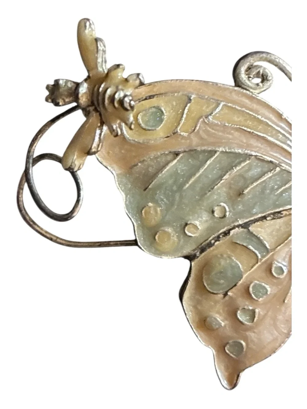 Pink & Green Enameled Butterfly Brooch With Bee